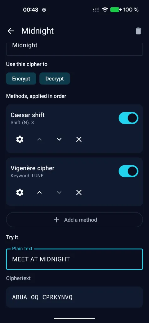 Building the “Midnight” cipher: Caesar shift then Vigenère cipher, with a live test.