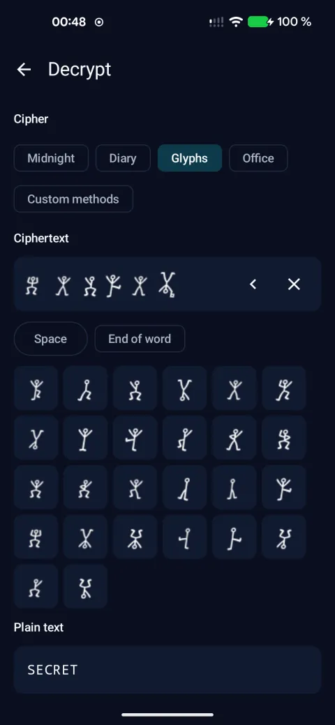 The dancing men glyph pad: the copied symbols decrypt to “SECRET”.