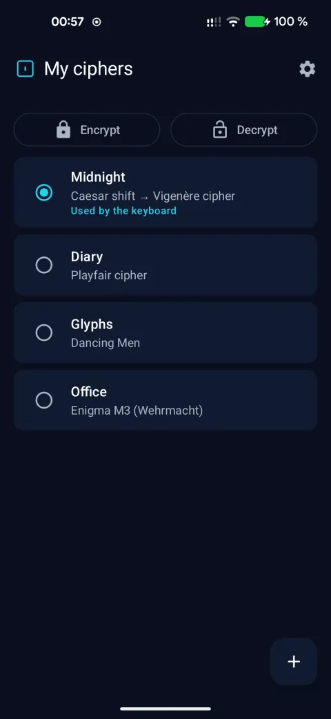The “My ciphers” screen: Midnight, Diary, Glyphs and Office, each with its methods.