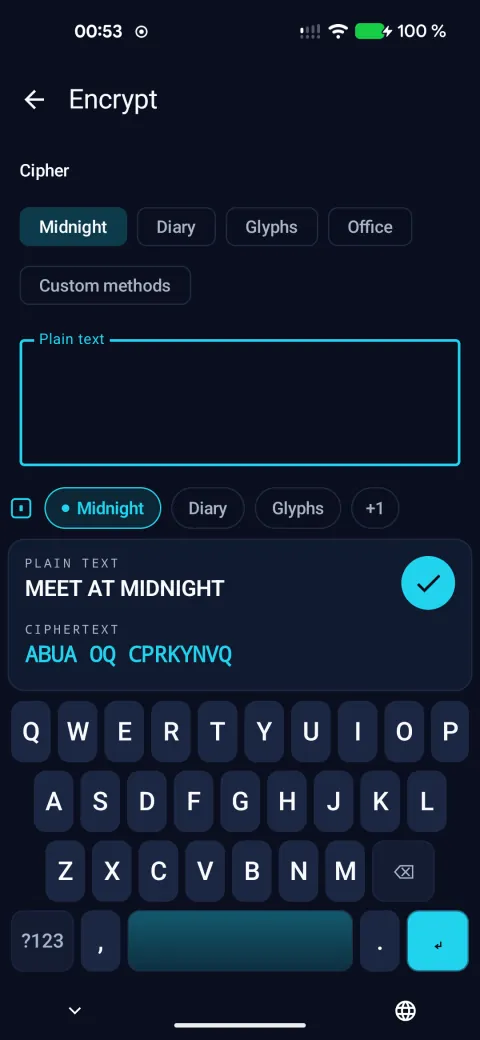 The Cipher Chronicle keyboard: “MEET AT MIDNIGHT” typed in plain text, the ciphertext “ABUA OQ CPRKYNVQ” shown above the keys.