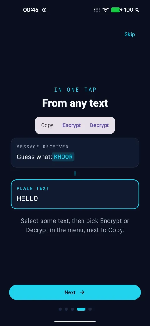 The text-selection menu with Encrypt and Decrypt next to Copy: the received message “KHOOR” reads “HELLO”.
