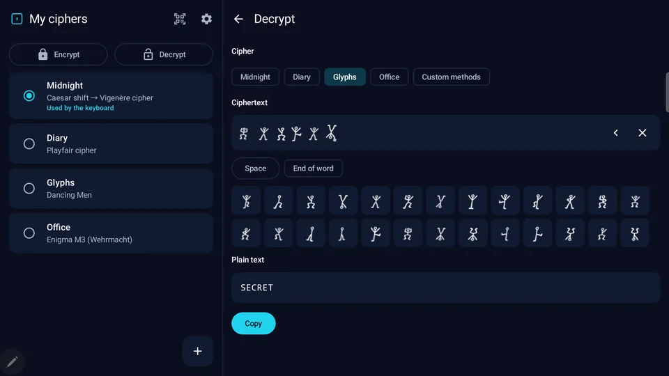 The dancing men glyph pad: the copied symbols decrypt to “SECRET”. (tablet)