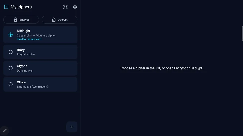 The “My ciphers” screen: Midnight, Diary, Glyphs and Office, each with its methods. (tablet)