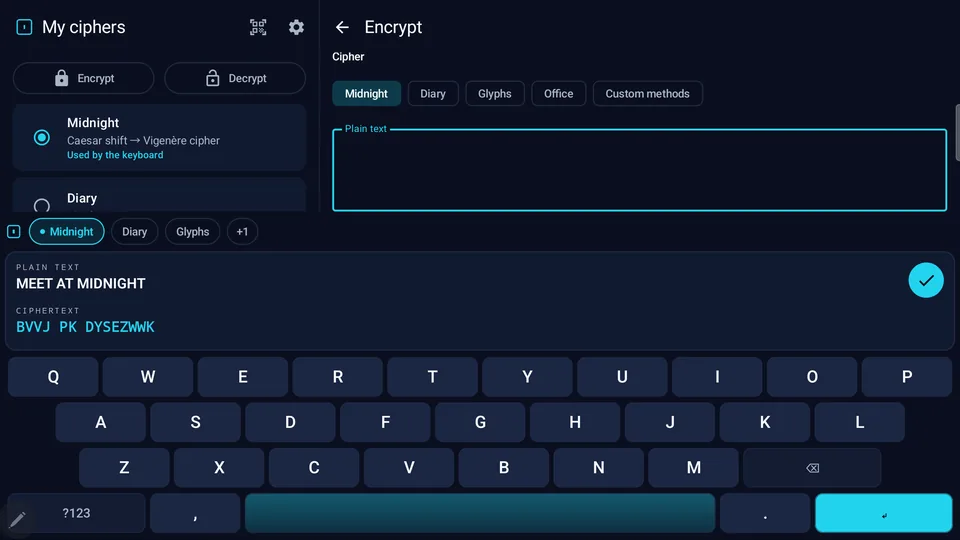 The Cipher Chronicle keyboard: “MEET AT MIDNIGHT” typed in plain text, the ciphertext “ABUA OQ CPRKYNVQ” shown above the keys. (tablet)