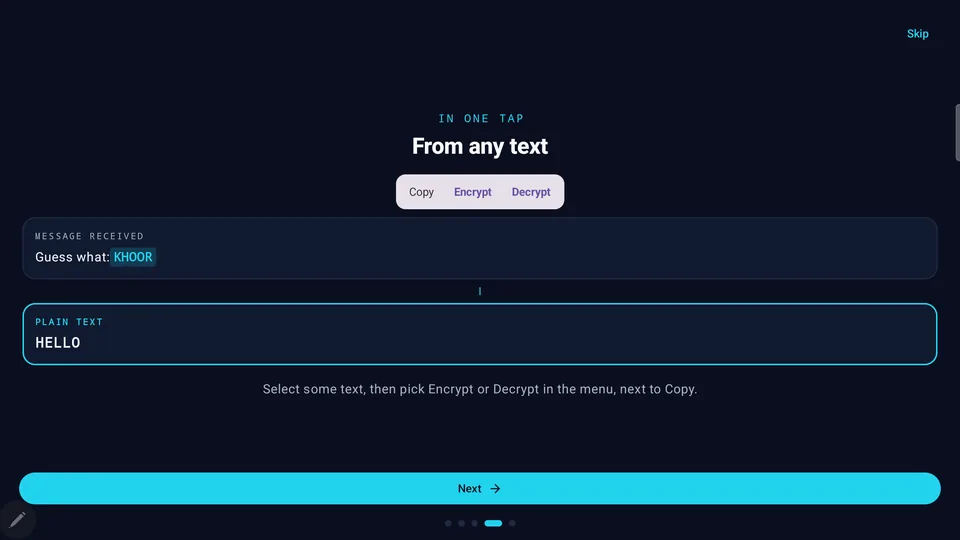 The text-selection menu with Encrypt and Decrypt next to Copy: the received message “KHOOR” reads “HELLO”. (tablet)