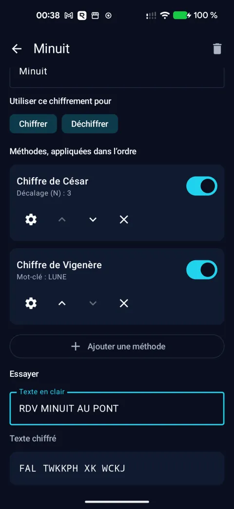 Composition du chiffrement « Minuit » : chiffre de César puis chiffre de Vigenère, avec un essai en direct.