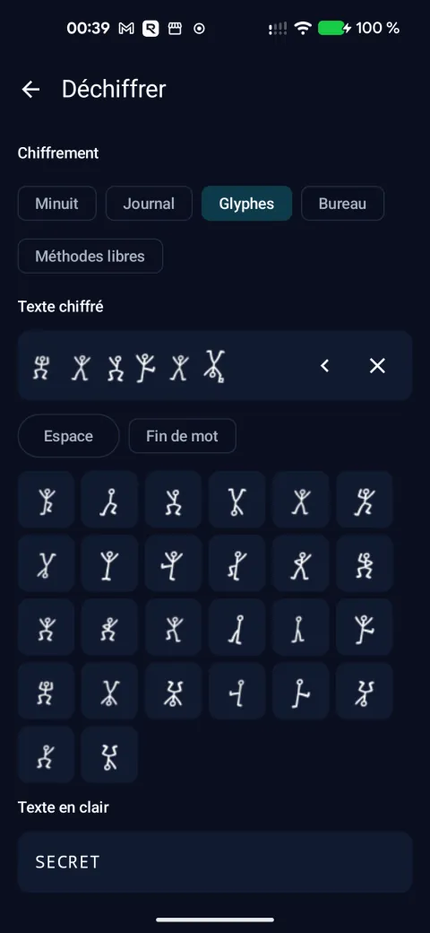 Le pavé de glyphes des hommes dansants : les symboles recopiés se déchiffrent en « SECRET ».
