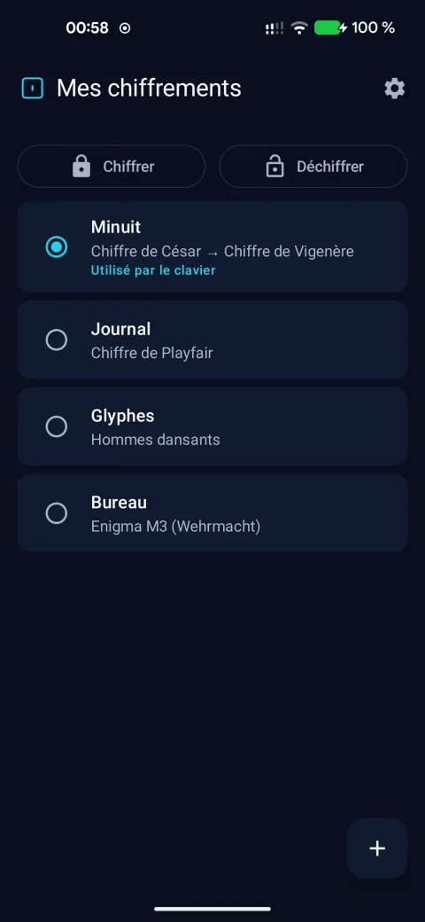 L’écran « Mes chiffrements » : Minuit, Journal, Glyphes et Bureau, chacun avec ses méthodes.