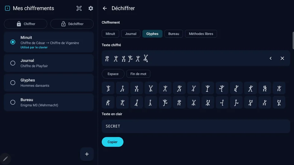 Le pavé de glyphes des hommes dansants : les symboles recopiés se déchiffrent en « SECRET ». (tablette)