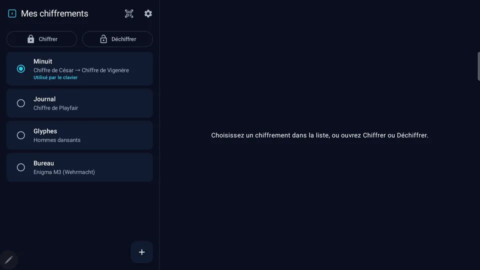 L’écran « Mes chiffrements » : Minuit, Journal, Glyphes et Bureau, chacun avec ses méthodes. (tablette)