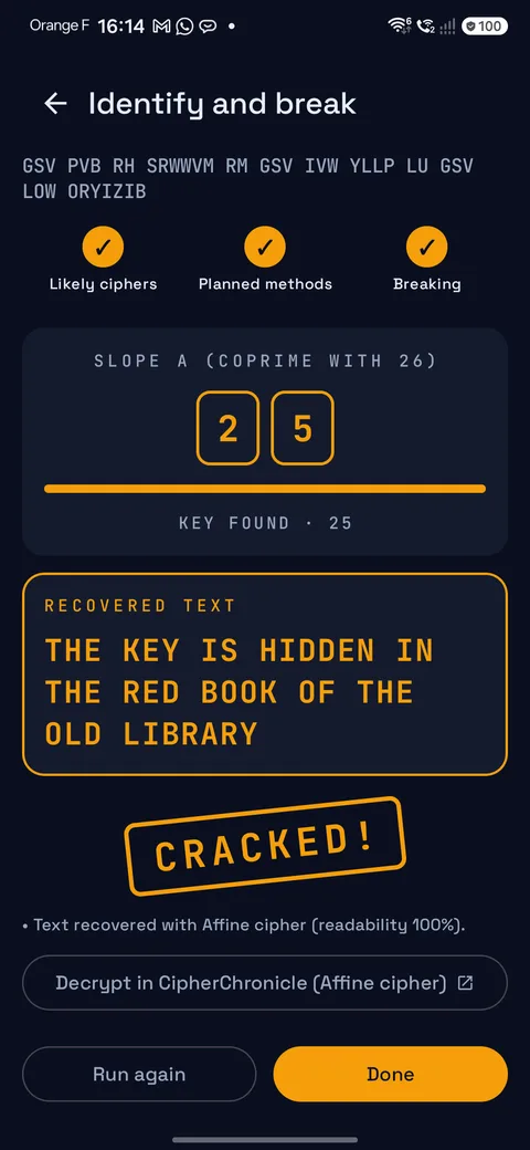Cracked message: key found and recovered text