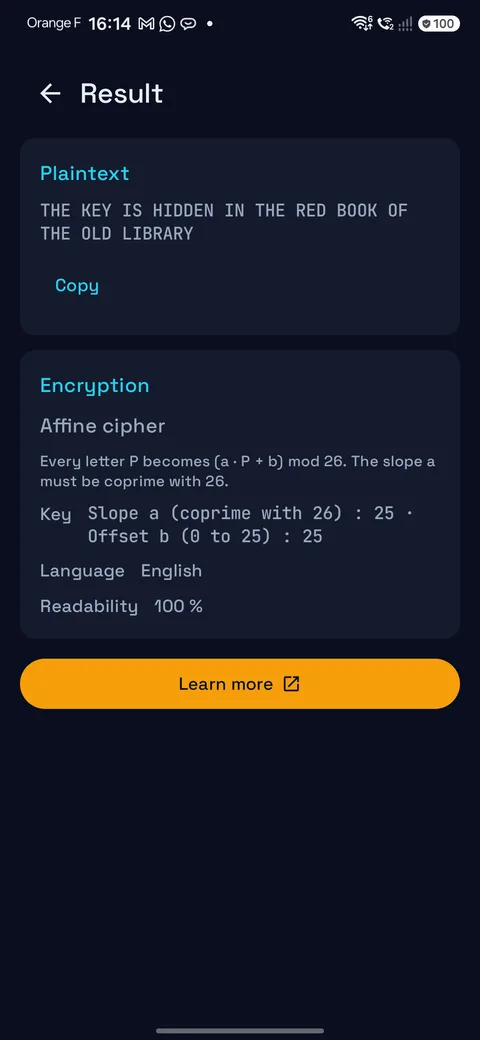 Result: plaintext, cipher and key