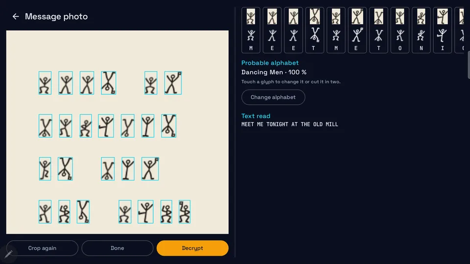 Dancing men message read glyph by glyph (tablet)