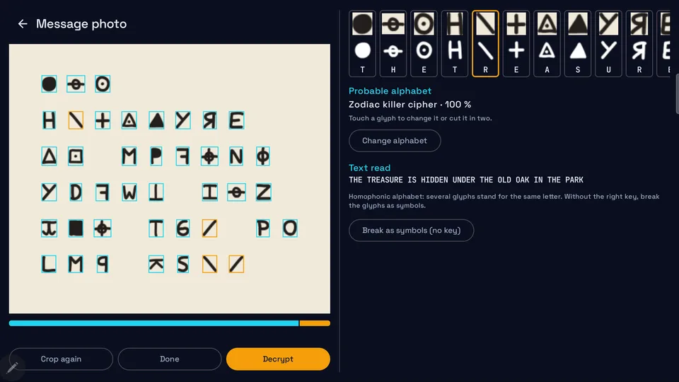Zodiac killer glyphs recognized from a photo (tablet)