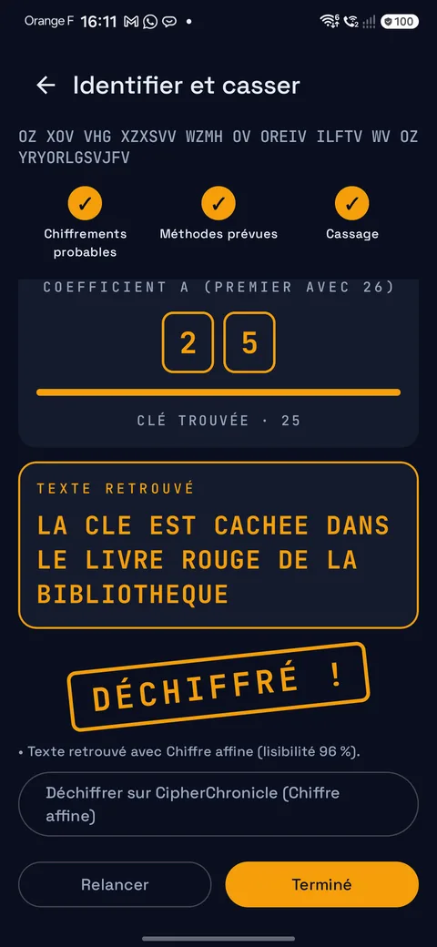 Message cassé : clé trouvée et texte retrouvé