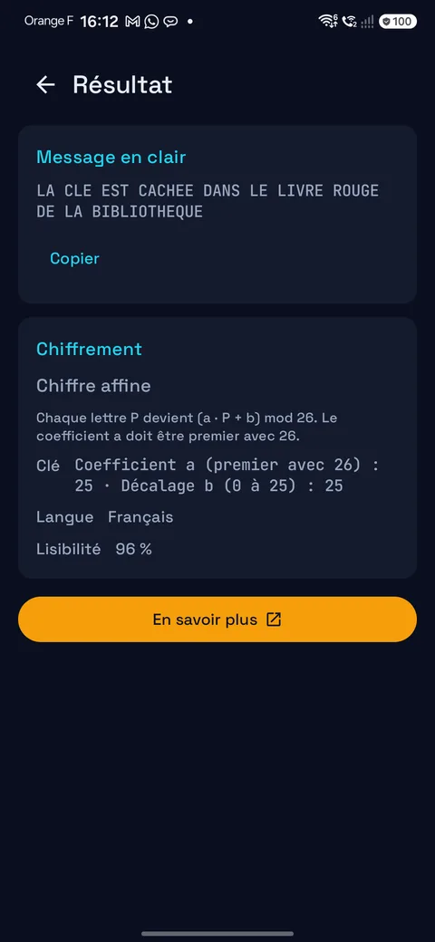 Résultat : texte clair, chiffrement et clé