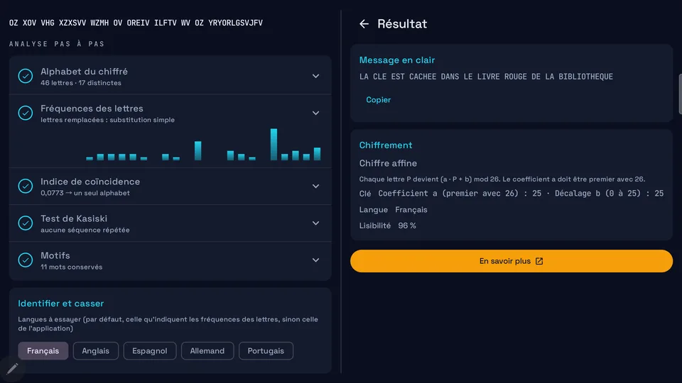 Résultat : texte clair, chiffrement et clé (tablette)